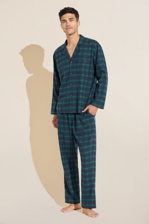 Men Eberjey Flannel Long PJ Set Pajamas Navy Green | TKZ4098YO