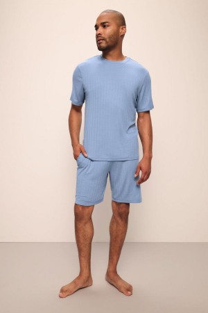 Men Eberjey Henry TENCEL™ Modal Rib Short PJ Set Pajamas Blue | WOI5552MO