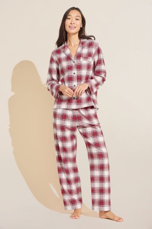 Women Eberjey Flannel Long PJ Set Pajamas Red White | QYU2588QT