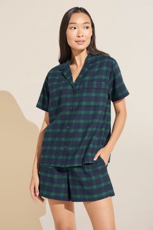 Women Eberjey Flannel Short PJ Set Pajamas Navy Green | JRM7285RU