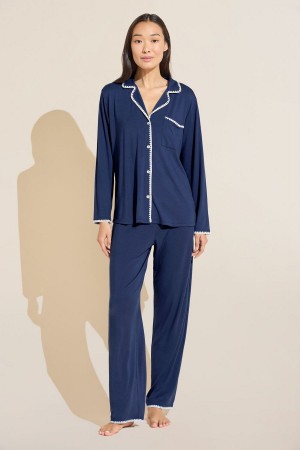 Women Eberjey Frida TENCEL™ Modal Long PJ Set Pajamas Navy White | URD5568MZ