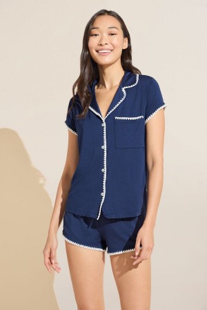 Women Eberjey Frida TENCEL™ Modal Shortie Short PJ Set Pajamas Navy White | LMH7385EK