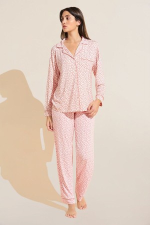 Women Eberjey Gisele Printed TENCEL™ Modal Long PJ Set Pajamas Dark Red Pink White | MNY4483UA