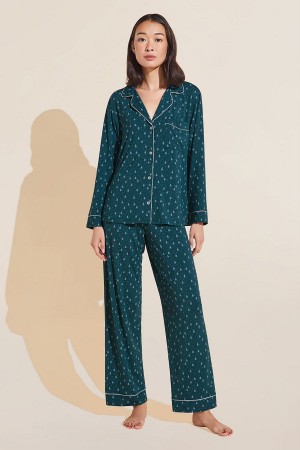 Women Eberjey Gisele Printed TENCEL™ Modal Long PJ Set Pajamas Dark Green White | MJU822PC