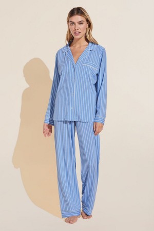 Women Eberjey Gisele Printed TENCEL™ Modal Long PJ Set Pajamas Blue White | PQC3511ST