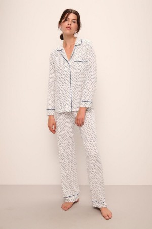 Women Eberjey Gisele Printed TENCEL™ Modal Long PJ Set Pajamas White Blue | DRY3592LP