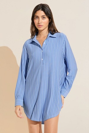 Women Eberjey Gisele Printed TENCEL™ Modal Boyfriend Sleepshirt Pajamas Blue White | SCU2415HD