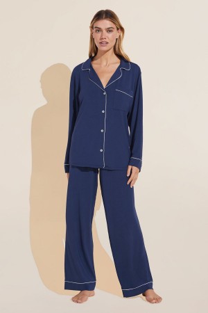 Women Eberjey Gisele TENCEL™ Modal Long PJ Set Pajamas Navy White | IXX6526PD