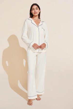 Women Eberjey Gisele TENCEL™ Modal Long PJ Set Pajamas White Navy | VGK6027OM