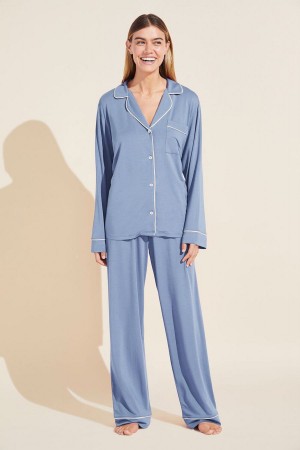 Women Eberjey Gisele TENCEL™ Modal Long PJ Set Pajamas Blue White | UTT9816PN