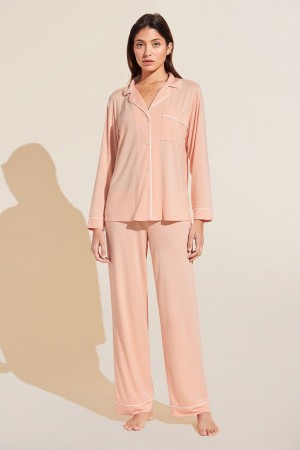 Women Eberjey Gisele TENCEL Modal Long PJ Set Pajamas Coral White | CBP9447YB