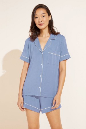 Women Eberjey Gisele TENCEL™ Modal Relaxed Short PJ Set Pajamas Blue White | PZX1287QY