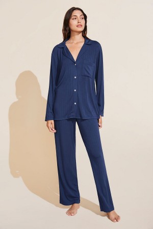 Women Eberjey Gisele TENCEL™ Modal Rib Long PJ Set Pajamas Navy | OCL7556VM