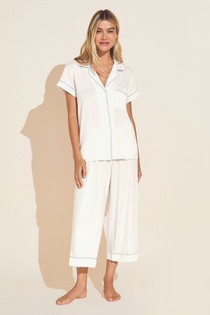 Women Eberjey Gisele TENCEL™ Modal Short Sleeve Cropped PJ Set Pajamas White Blue | LCY4085FW