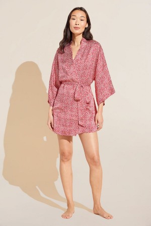 Women Eberjey Inez Printed Washable Silk Short Robe Red | QYV8758TS