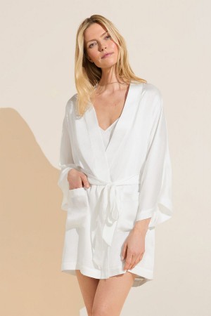 Women Eberjey Inez Textured Washable Silk Short Robe White | TWR9861FB