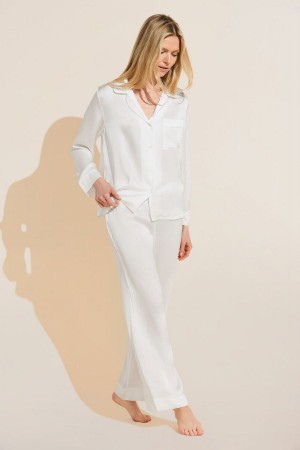 Women Eberjey Inez Textured Washable Silk Long PJ Set Pajamas White | OJG4939CF