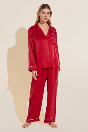 Women Eberjey Inez Washable Silk Long PJ Set Pajamas Red White | SME6176FZ