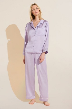 Women Eberjey Inez Washable Silk Long PJ Set Pajamas Purple White | RMW4739XC