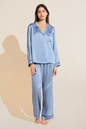 Women Eberjey Inez Washable Silk Long PJ Set Pajamas Blue Navy | NKI779ZE