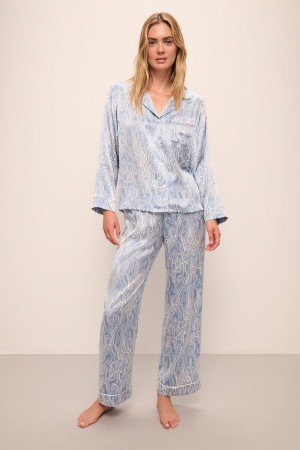 Women Eberjey Inez Washable Silk Printed Long PJ Set Pajamas Blue White | EAM7599DP