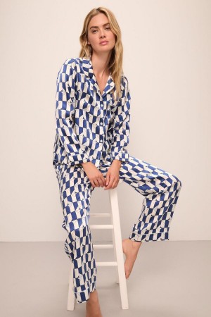 Women Eberjey Inez Washable Silk Printed Long PJ Set Pajamas Blue White | YGP7483GR