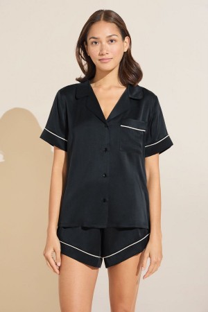 Women Eberjey Inez Washable Silk Short PJ Set Pajamas Black | UAB8384YM