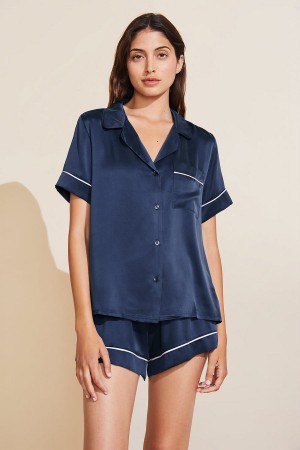 Women Eberjey Inez Washable Silk Short PJ Set Pajamas Navy | RDX10024YL