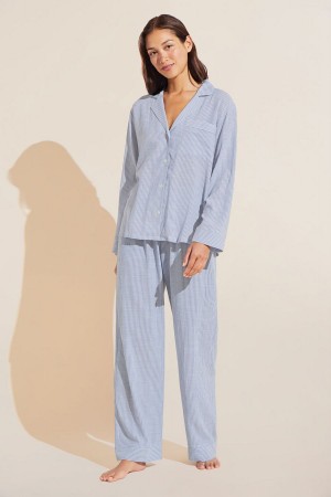 Women Eberjey Nautico Long PJ Set Pajamas Blue White | BKC8383RE