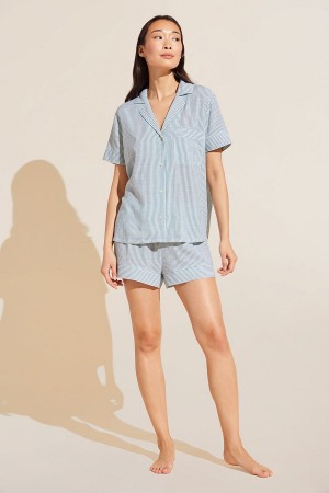 Women Eberjey Nautico Shortie Short PJ Set Pajamas White Green | GBP7690JT