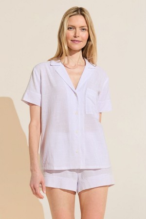 Women Eberjey Nautico Shortie Short PJ Set Pajamas White Purple | YQM2586XZ