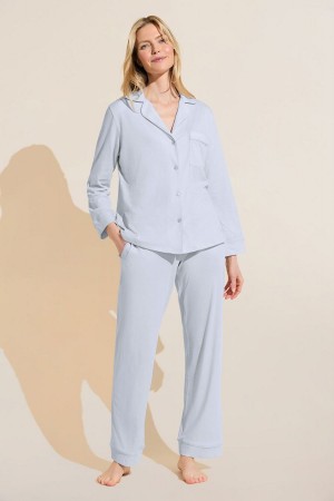 Women Eberjey Organic Pima Cotton Notch Collar Top & Pant PJ Set Pajamas Blue | BOJ6313MX