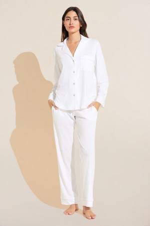 Women Eberjey Organic Pima Cotton Notch Collar Top & Pant PJ Set Pajamas White | CBH6471XY