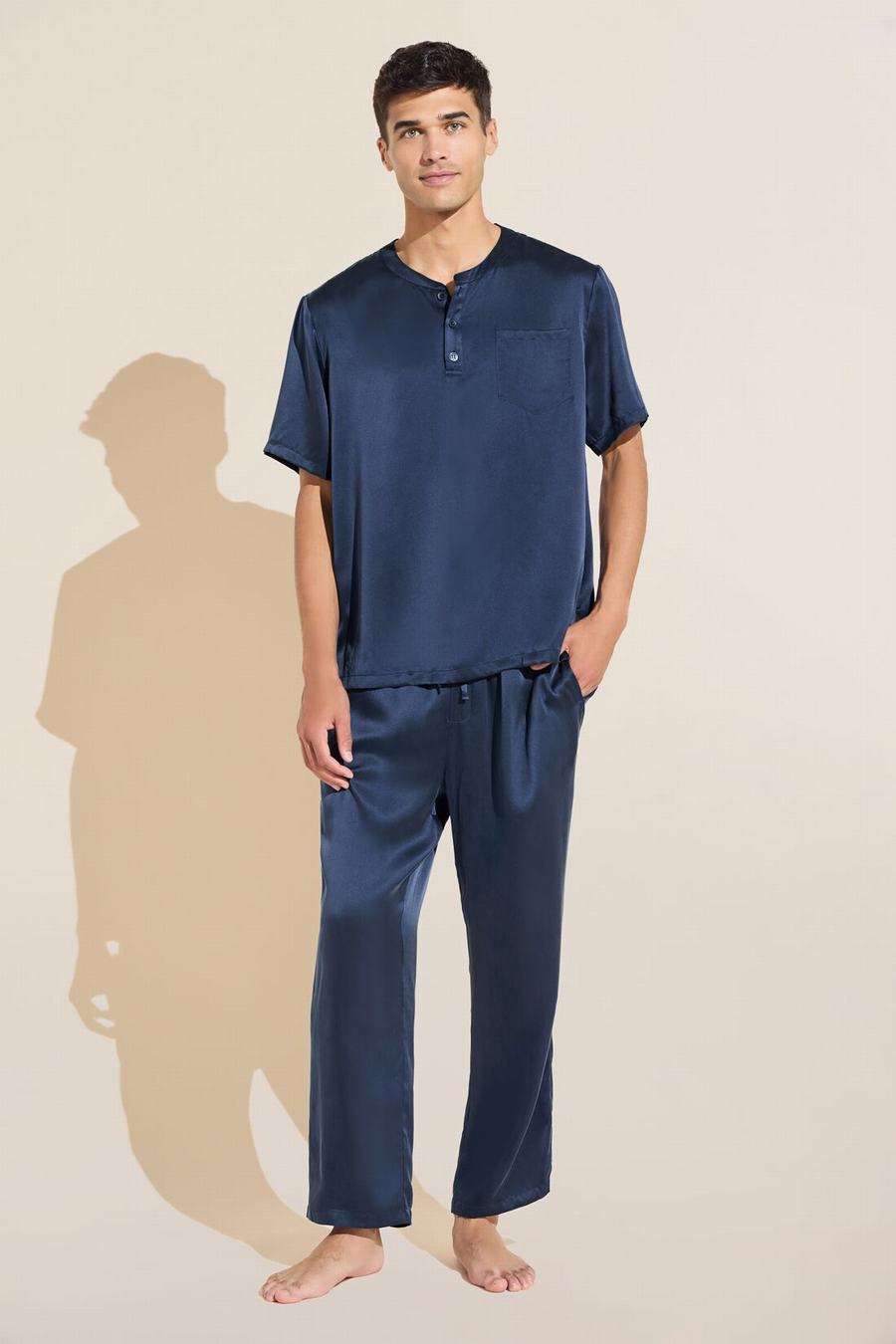 Men Eberjey Charles Washable Silk Short Sleeve & Pant PJ Set Pajamas Navy | IVM4094AP