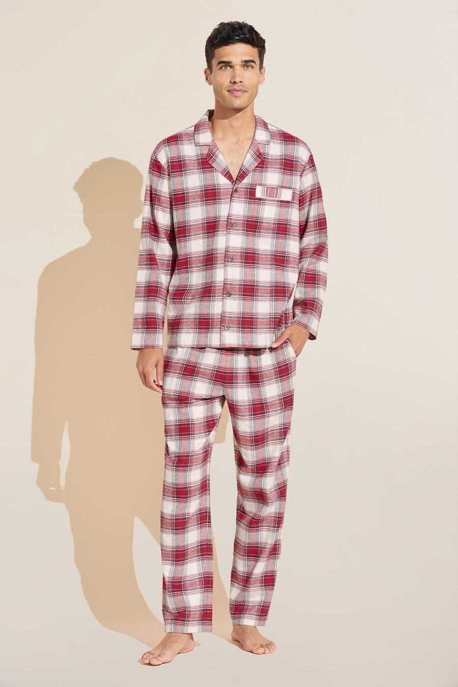 Men Eberjey Flannel Long PJ Set Pajamas Red White | HQG9628UW