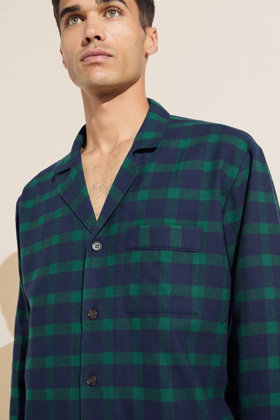 Men Eberjey Flannel Long PJ Set Pajamas Navy Green | TKZ4098YO