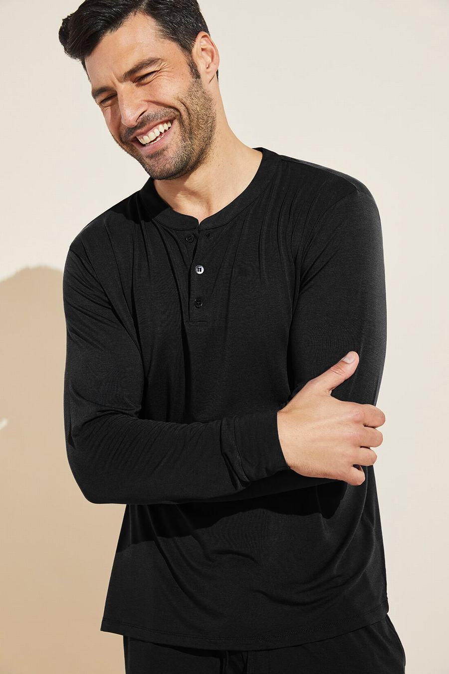 Men Eberjey Henry TENCEL™ Modal Long Sleeve Henley Tops Black | RLI7632IG