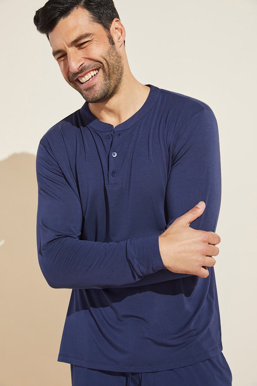 Men Eberjey Henry TENCEL™ Modal Long Sleeve Henley Tops Navy | VSF9781VL