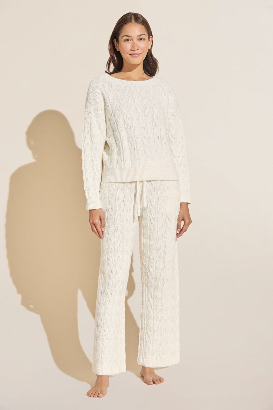 Women Eberjey Cable Knit Recycled Sweater Straight Leg Pants White | AXM9116XI