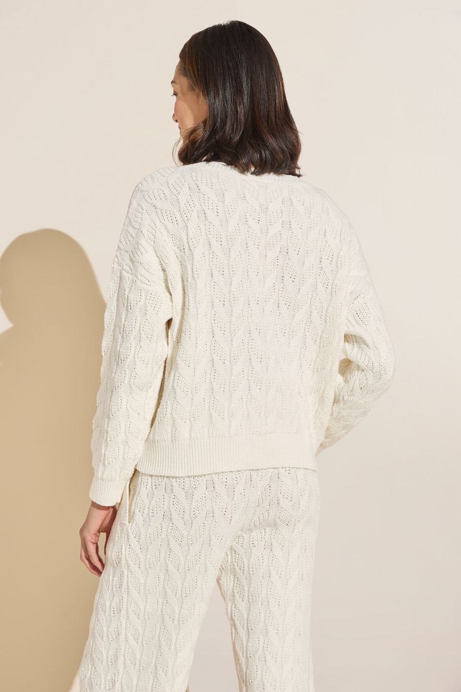 Women Eberjey Cable Knit Recycled Sweater Crewneck Cardigan White | GQY8725YZ