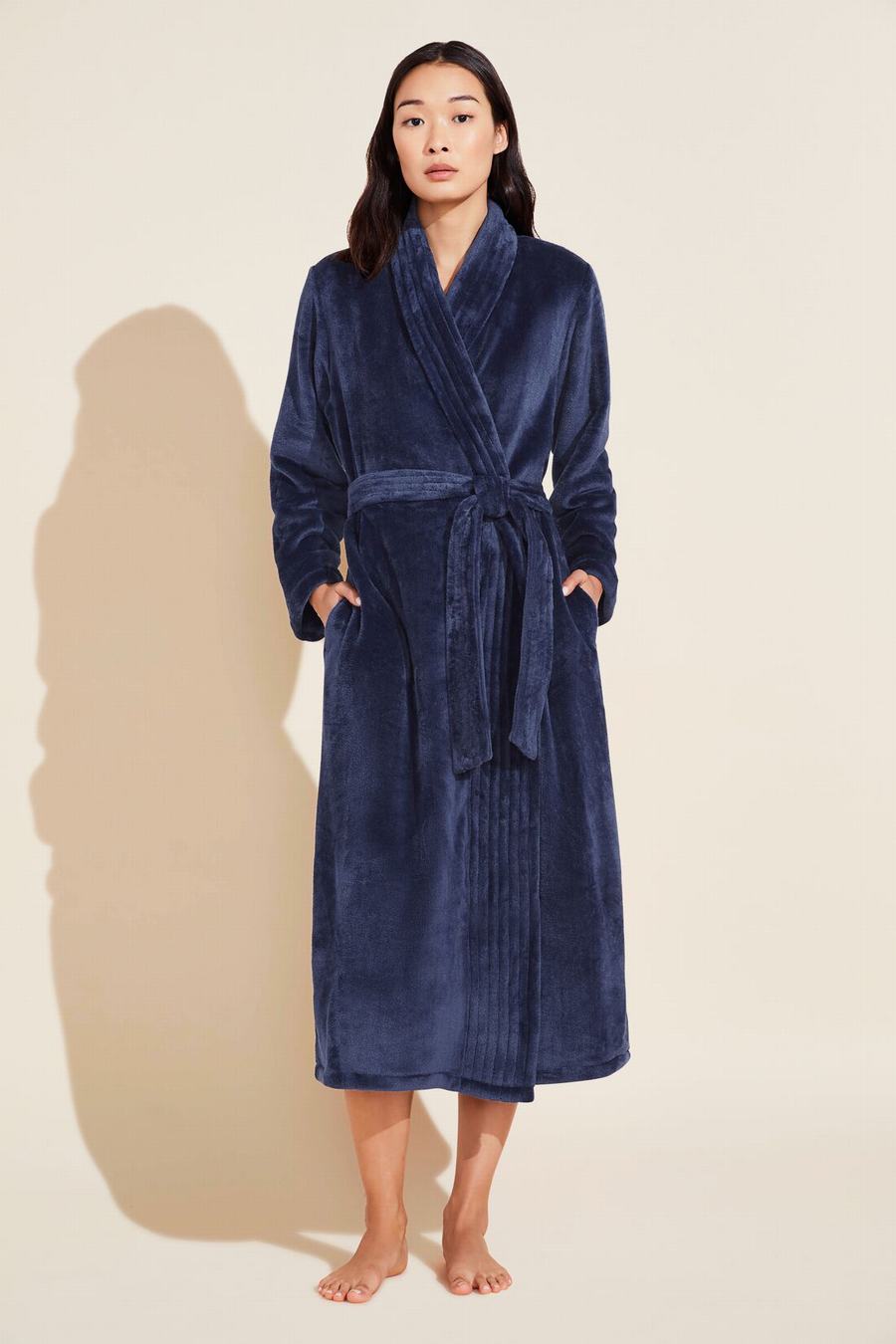 Women Eberjey Chalet Recycled Plush Robe Navy | NGR9898UQ