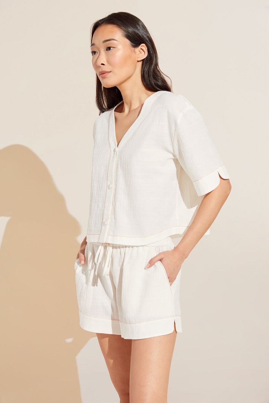 Women Eberjey Crinkle Woven Short Sleeve Top & Short Set Pajamas White | MQQ3947YZ