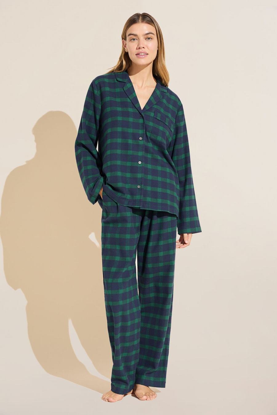 Women Eberjey Flannel Long PJ Set Pajamas Navy Green | WSP1945KM