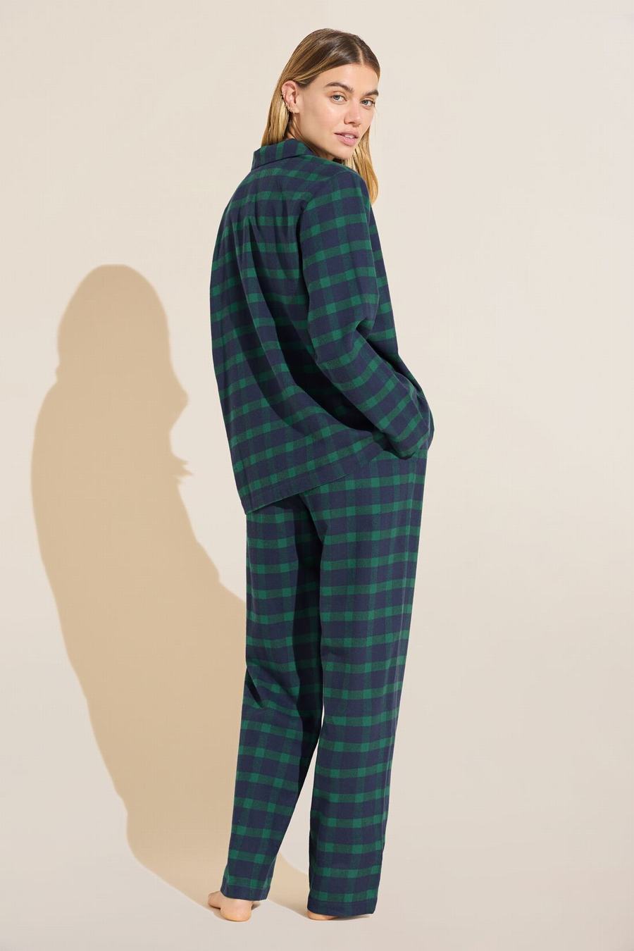 Women Eberjey Flannel Long PJ Set Pajamas Navy Green | WSP1945KM