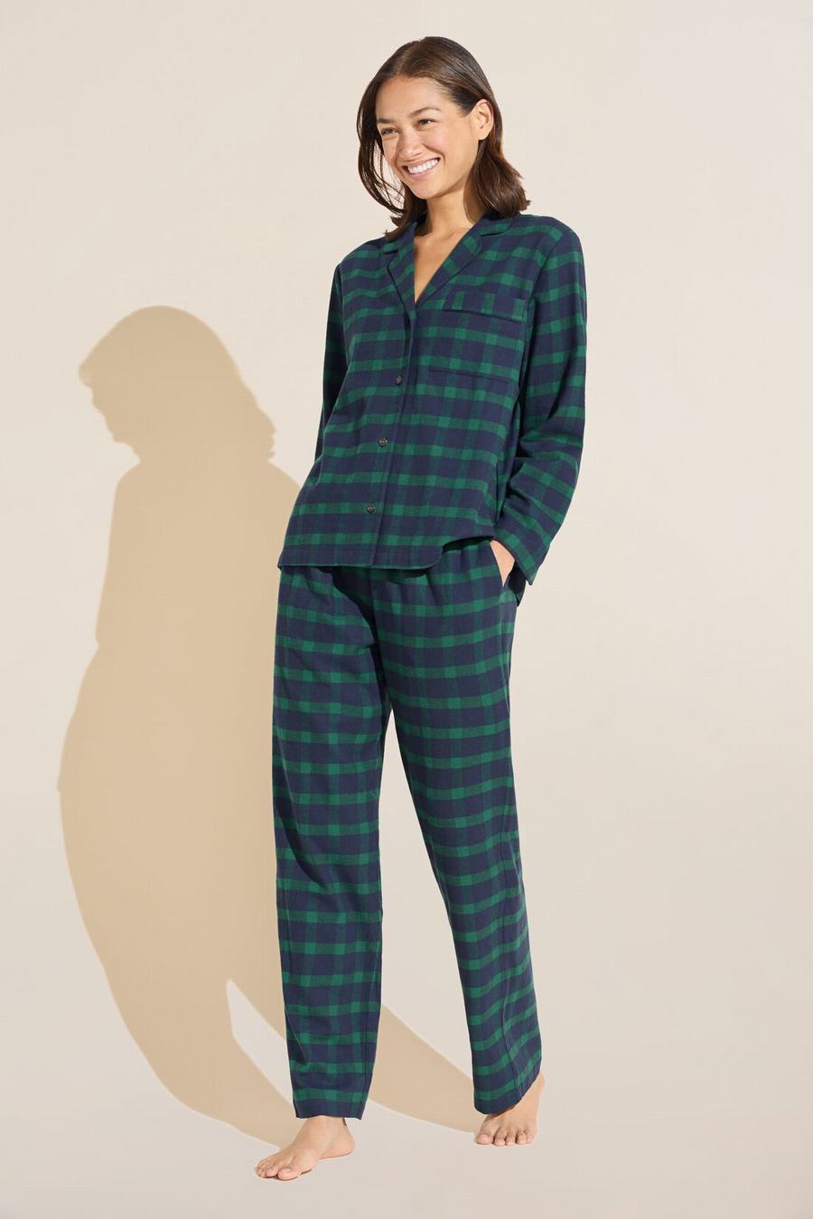 Women Eberjey Flannel Long PJ Set Pajamas Navy Green | WSP1945KM