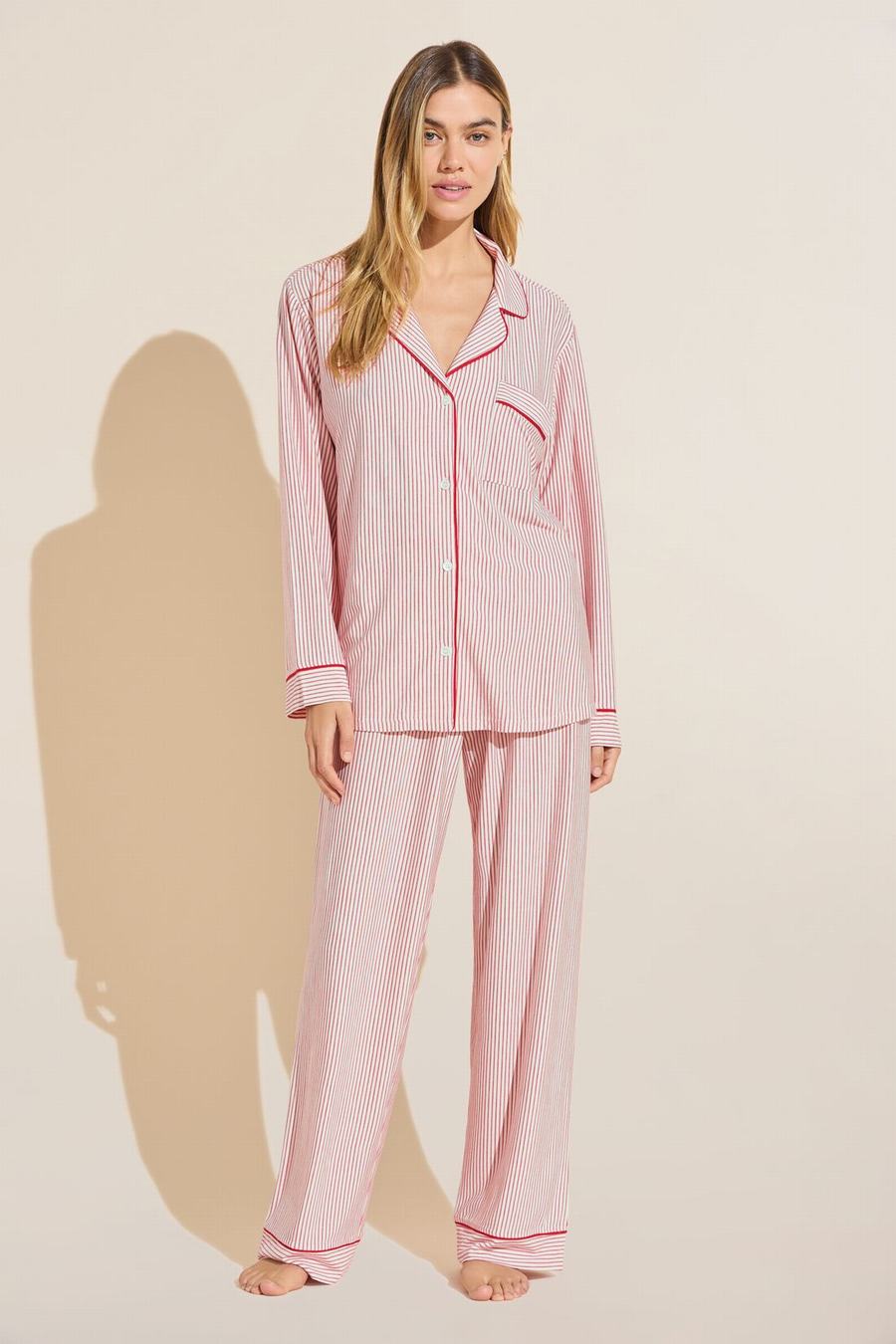 Women Eberjey Gisele Printed TENCEL™ Modal Long PJ Set Pajamas Pink Red White | OFV6730GC