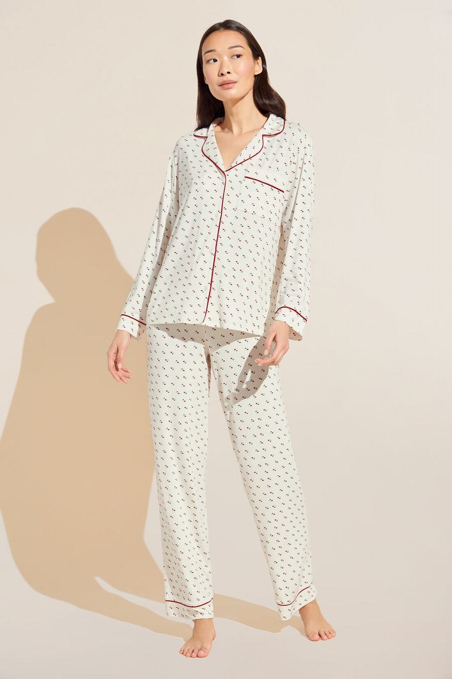 Women Eberjey Gisele Printed TENCEL Modal Long PJ Set Pajamas White Red | PPG762GG