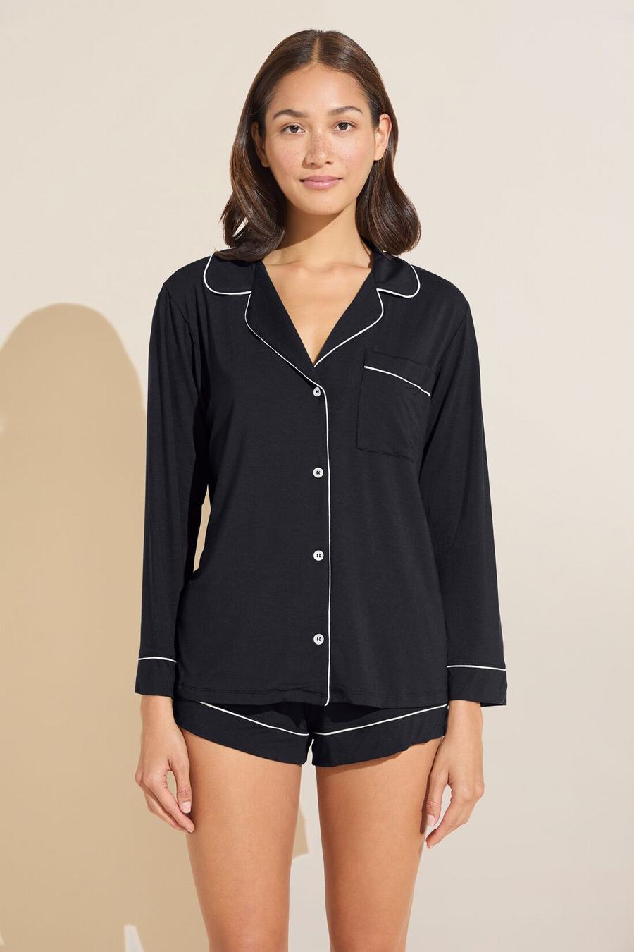 Women Eberjey Gisele TENCEL™ Modal Long Sleeve & Shortie Short PJ Set Pajamas Black White | WLR580YL