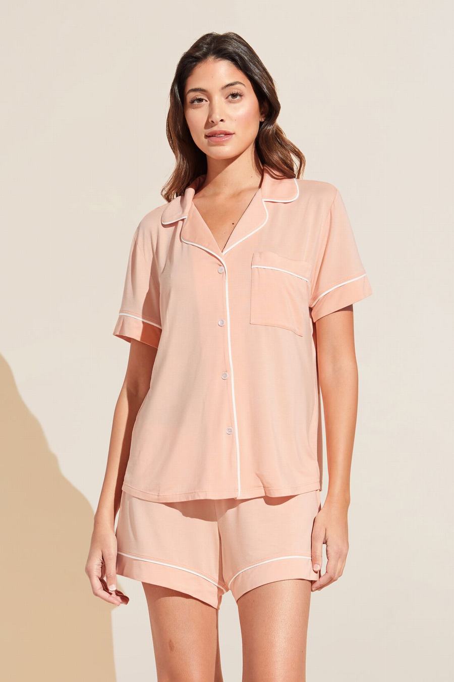 Women Eberjey Gisele TENCEL Modal Relaxed Short PJ Set Pajamas Coral White | BUT4982WP