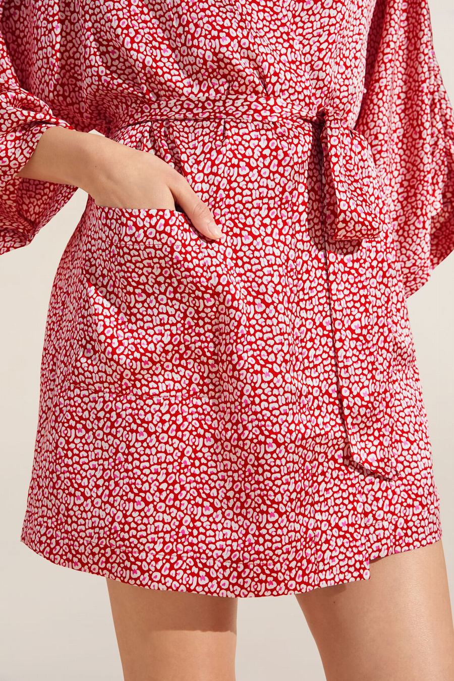 Women Eberjey Inez Printed Washable Silk Short Robe Red | QYV8758TS